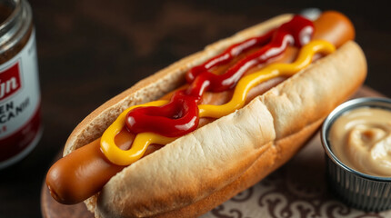 Delicious hot dog covered with ketchup and mustard resting on wooden board