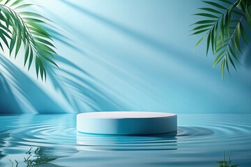 Fototapeta premium Elegant bright blue background in a minimalist style with a round Pedestal in the water around it and a shadow of leaves