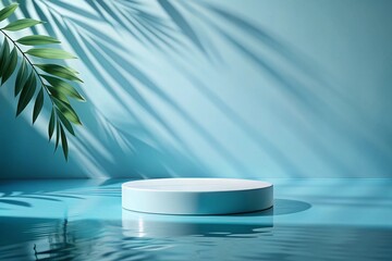 Elegant bright blue background in a minimalist style with a round Pedestal in the water around it and a shadow of leaves