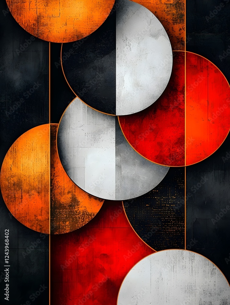 Poster an abstract composition featuring overlapping circular shapes in vibrant hues of orange, red, and wh