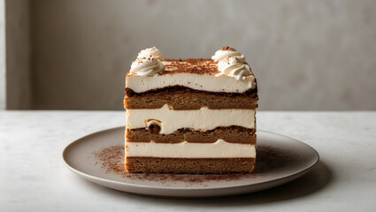 Tiramisu cake with whipped cream and chocolate powder on a plate. Perfect for bakery menus, dessert recipes, food blogs, and social media posts