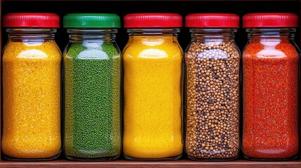 Colorful Spice Jars with Vibrant Lids Stored on a Wooden Shelf in a Bright Kitchen Environment