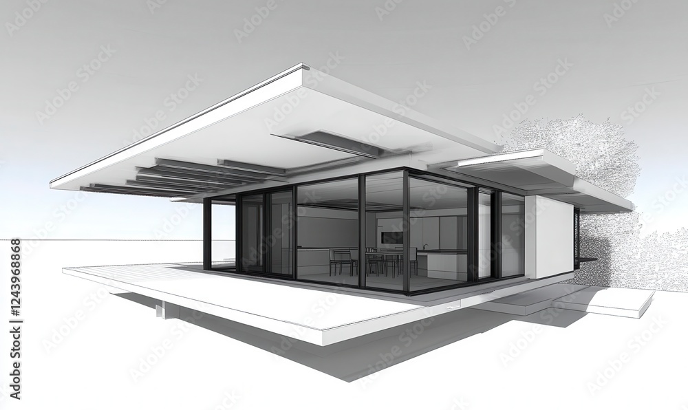 Poster modern grayscale architectural rendering of a single story house with large windows and a partially 