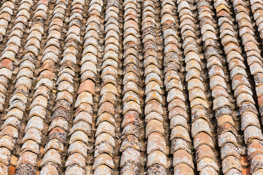 Tejas alineadas sobre el tejado de una vieja casa