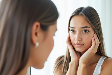 A Young Woman Observes Herself in the Mirror, Reflecting on Beauty, Self-Perception, and Inner Thoughts in a Serene Indoor Setting