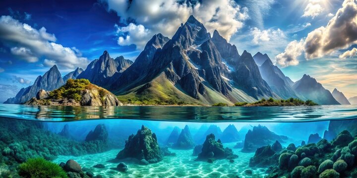 Majestic underwater mountain range with towering peaks and valleys, underwater scenery, marine terrain, sea floor topography, underwater mountains