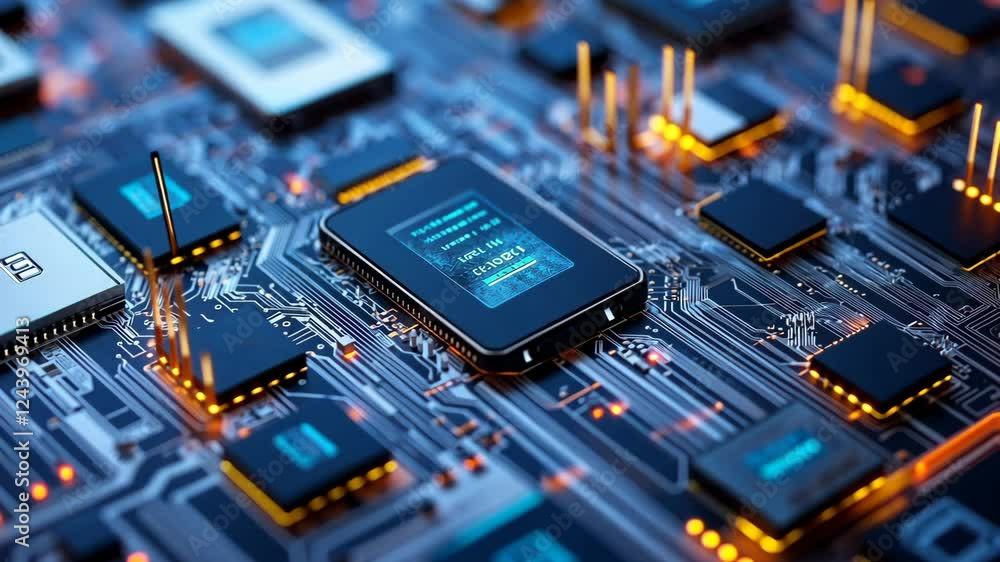 Aufkleber dynamic circuit board with glowing microchips in futuristic sequence
