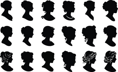 Black and white cameo silhouette design collection with female head and face. Set of cameo art collection for locket, ornament, design, print and web icon.