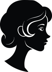 Cameo women face and head with hair silhouette. Black and white cameo design on white background. Side view modern stylish female head shape for wall art.