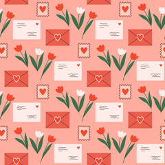 Vector seamless pattern with tulips, love letters, hearts. Valentines's Day repeated background, love mail