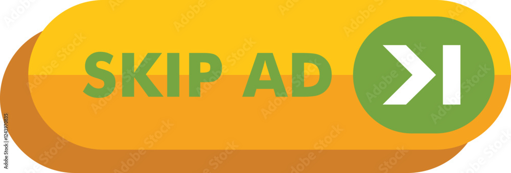 Poster yellow rounded rectangle skip ad button with green fast forward symbol inviting user to skip adverti