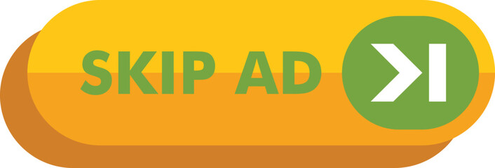 Yellow rounded rectangle skip ad button with green fast forward symbol inviting user to skip advertisement