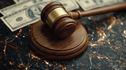 The wooden gavel of the judge and dollar bills