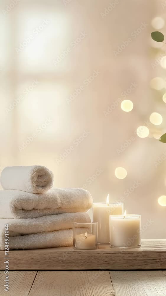 Poster slow motion footage of a tranquil spa setting with gentle candlelight and neatly stacked towels, evo