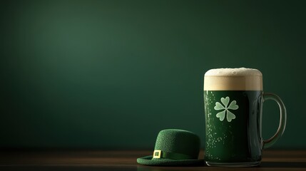 Green Beer Mug with Shamrocks Carved into Foam for St. Patrick's Day Celebration Featuring a Green Leprechaun Hat on Wooden Table