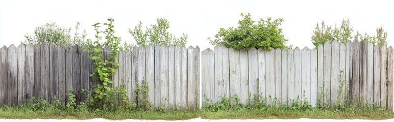 Overgrown weathered gray wooden fence with green plants and grass, isolated on white background. Rustic, aged, nature