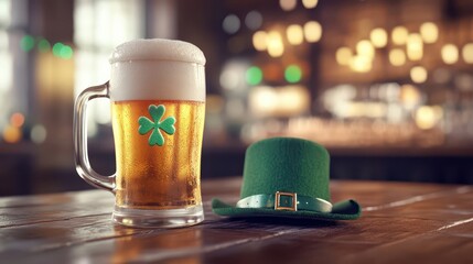 Large Beer Mug with Frothy Foam Designed Like a Shamrock for Celebratory Events and Festivities on a Wooden Bar Background