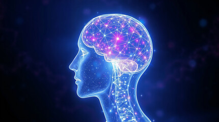 Human head generating connections and data inside brain, on blue background