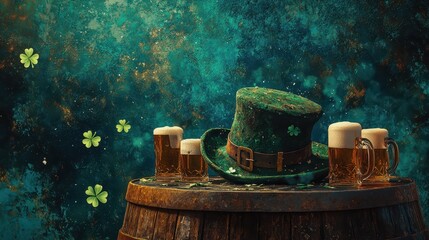 Resting Leprechaun Hat on Barrel Surrounded by Glasses of Cold Beer and Shamrocks Against a Vibrant Green Background
