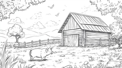 A cozy barn with a big wooden door stands in the middle of a farm, while a happy little pig sniffs the ground nearby, ready for kids to color.