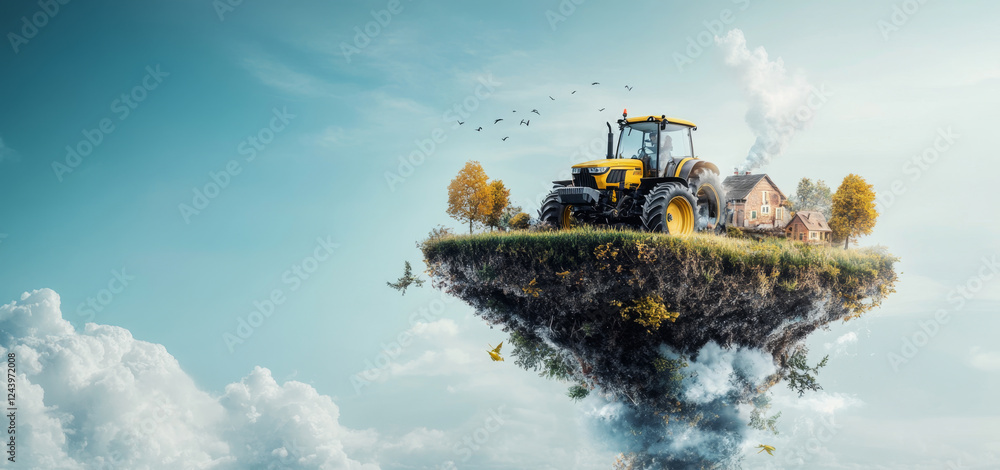 Poster a bright and imaginative landscape features a tractor on a floating island surrounded by lush greene