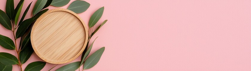 Wooden plate with leaves on pink background