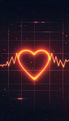 Glowing Red Heart Icon with Digital Heartbeat Line on Grid Background, Abstract Medical Concept.