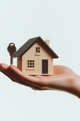 House Key in Hand: A hand gently cradles a miniature house model, accompanied by a single key, representing the symbolic act of owning a home. This image captures the essence of real estate.