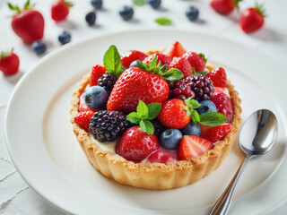 professional advertisement food photography: A white plate topped with a fruit tart and a spoon.