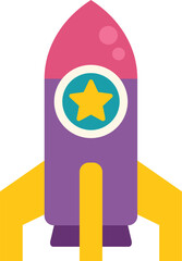 Fototapeta premium Cartoon style purple rocket launching into space, featuring a prominent star symbol, representing exploration, innovation, and the pursuit of dreams