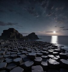 Nighttime view of Giant s Causeway with Big Dipper above and clear night sky, big dipper, giant causeway, dark skies