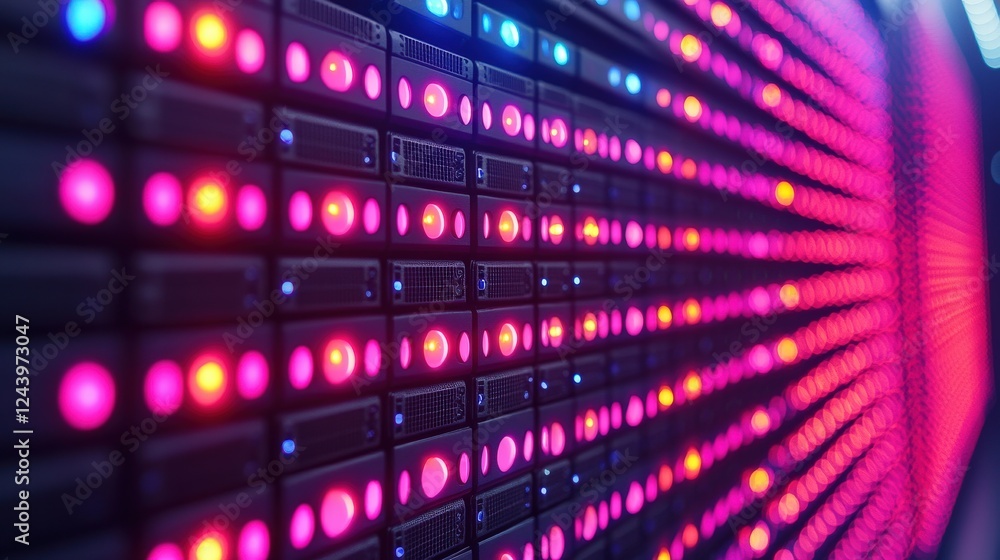 Poster colorful led lights illuminate a modern server rack in a high-tech data center environment