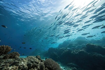 Fototapeta premium Ocean currents with schools of fish, seawater movement, coral reef, tidal waves