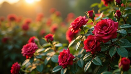 The image shows a close-up of vibrant red roses in full bloom with a soft-focus background and sunlight filtering through, highlighting the beauty and freshness of the flowers