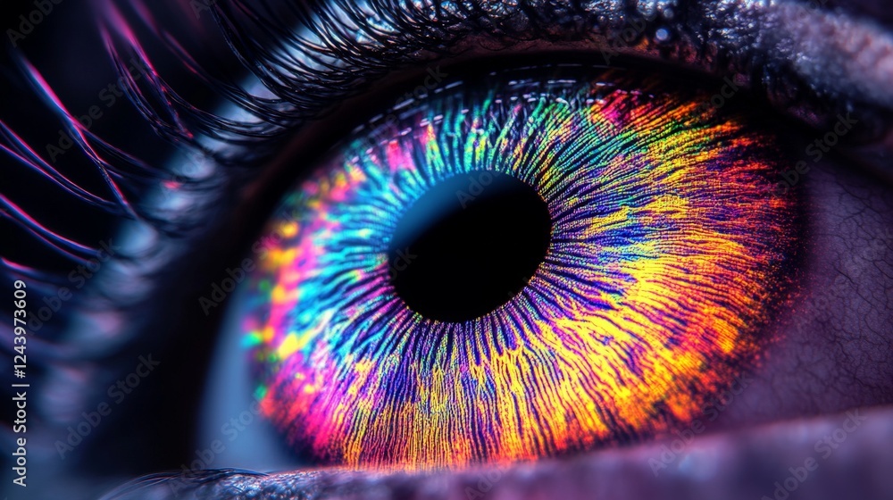 Poster vibrant digital eye radiating colors in surreal detail during a mesmerizing visual spectacle