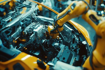 Automated robotic arm assembling a car in a futuristic factory.