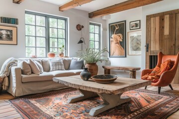 Interior design of Scandinavian living room with wing chair and rustic wooden coffee table