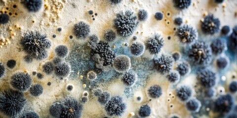 Close-up Detailed View of Diverse Mold Colonies on a Surface