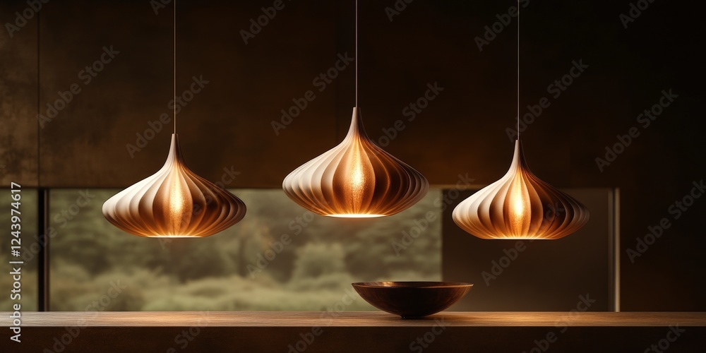Aufkleber Elegant pendant lights illuminate a modern space with warm tones and captivating shapes, creating a serene and inviting atmosphere