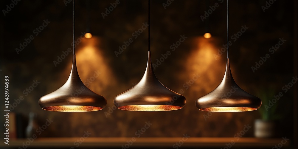 Poster elegance illuminated with three warm-toned pendant lights creating a dramatic ambiance in a sophisti