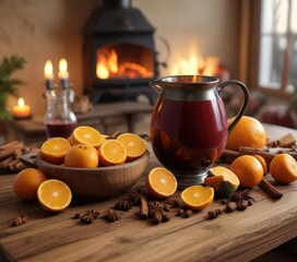 Oranges and spices on a wooden table next to a warm fire with a mulled wine pitcher as the centerpiece, seasonal, oranges, atmosphere