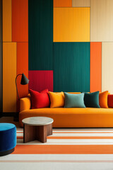 Modern living room interior featuring vibrant colors, stylish sofa, pillows, geometric rug, and artistic wall design