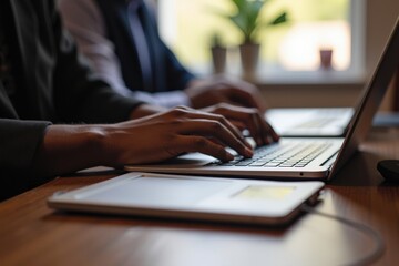 Detail-oriented individuals collaboratively working at a desk, focused on laptops while surrounded by a modern workspace with plant accents and natural light.