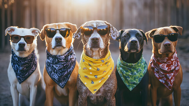 A group of stylish dogs posing together, each wearing sunglasses and colorful bandanas. The five dogs stand in a row, exuding confidence and charm in an outdoor setting with a warm sunlight glow in th