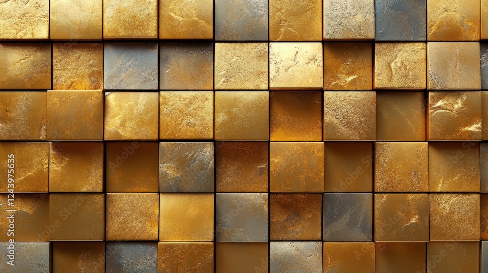 Aufkleber Geometric interplay of golden cube tiles creating depth and texture for modern interior aesthetics in architectural design