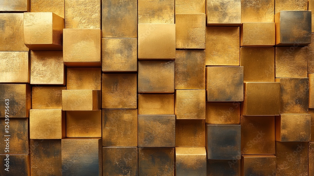 Poster golden wall featuring abstract cube tiles with varied textures creates a modern and artistic backdro