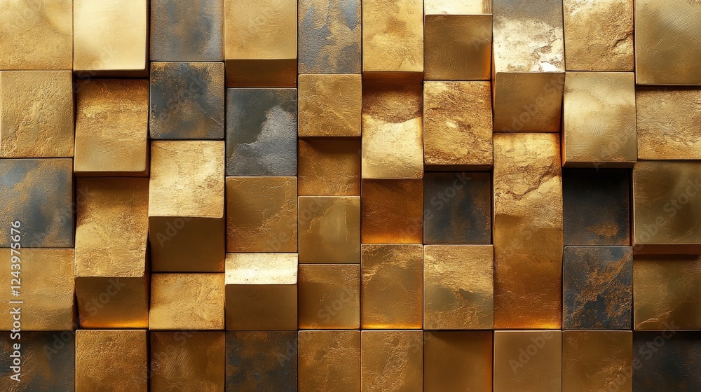 Poster exploring the intricate beauty of a golden wall adorned with textured cube tiles showcasing modern d