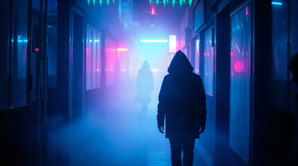 Hooded man walking in cyberpunk city with neon lights and smoke
