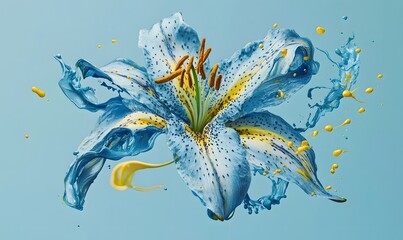 Blue lily flower, paint splash, pastel background, artistic, design