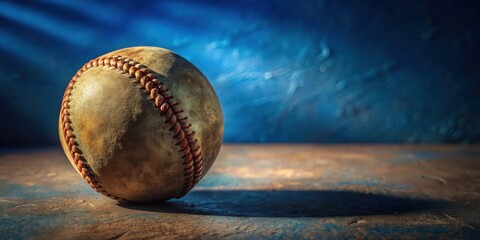 A well-worn baseball rests on a textured surface against a dramatic backdrop